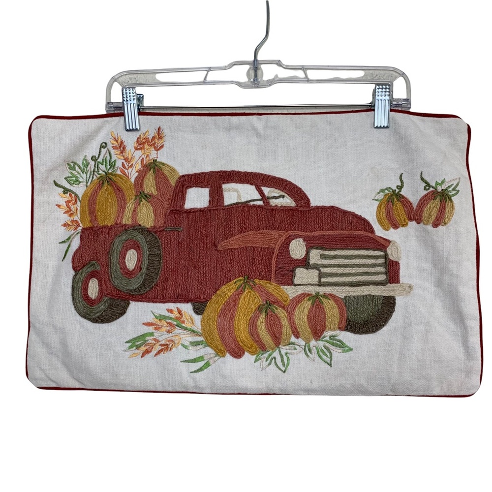 Pier 1 Embroidered Fall Pumpkin Truck Leaves Plaid Back Decor Rectangle Pillow